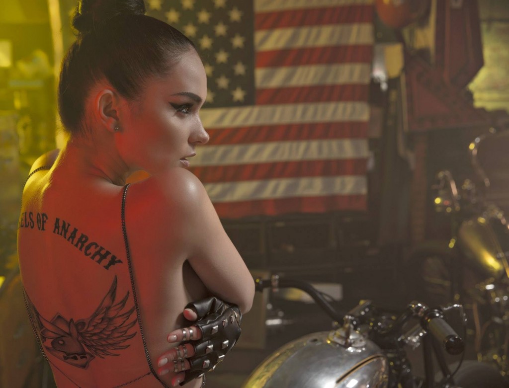 Playboy and Sons of Anarchy work with Los Angeles photographer James Hickey for a sexy biker photoshoot at Powerplant Choppers featuring Playmate Eugenia Diordiychuk 